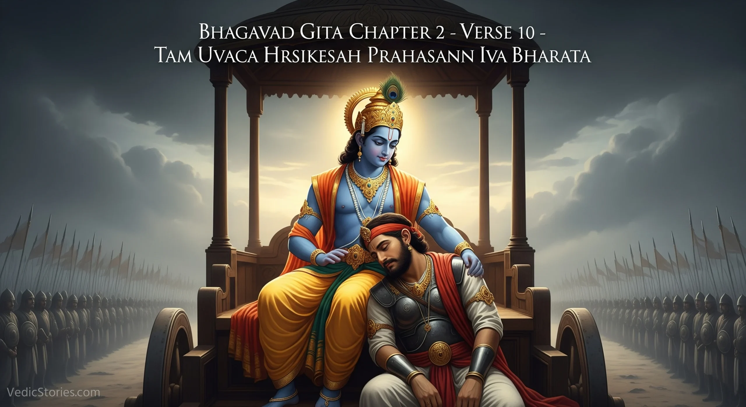 Bhagavad Gita Chapter 2 Verse 10 Tam Uvaca Hrsikesah Prahasann Iva Bharata scaled Vedic Stories