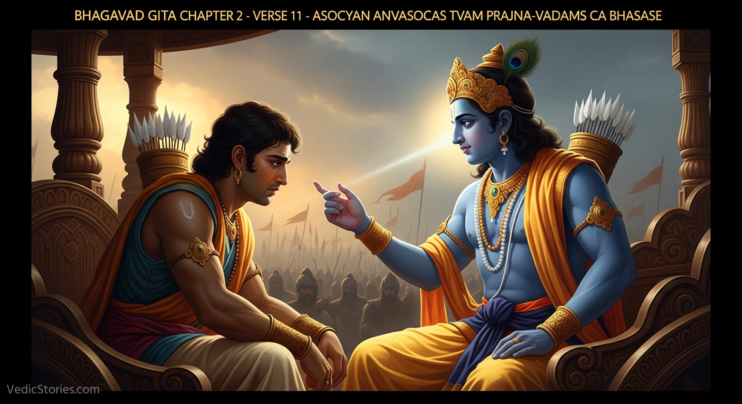Bhagavad Gita Chapter 2 Verse 11 Sri Bhagavan Uvaca Asocyan Anvasocas Tvam Prajna vadams Ca Bhasase scaled Vedic Stories