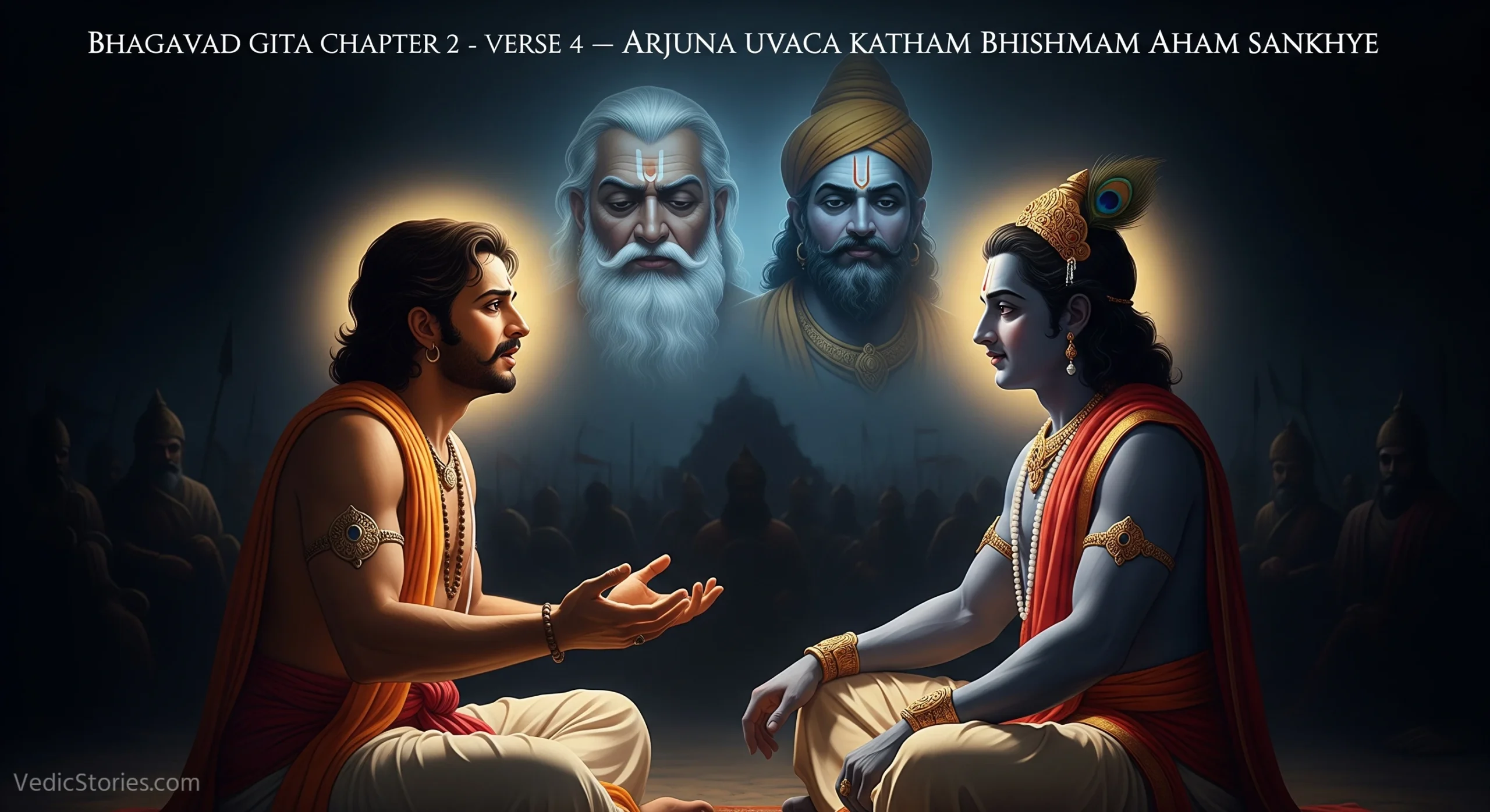 Bhagavad Gita Chapter 2 Verse 4 Arjuna Uvaca Katham Bhishmam Aham Sankhye scaled Vedic Stories