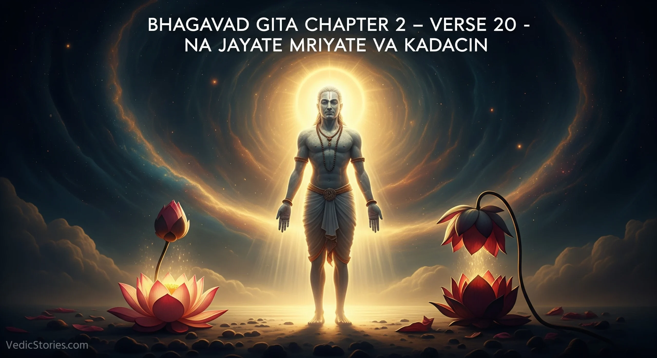 Bhagavad Gita Chapter 2 – Verse 20 – Na Jayate Mriyate Va Kadacin scaled Vedic Stories