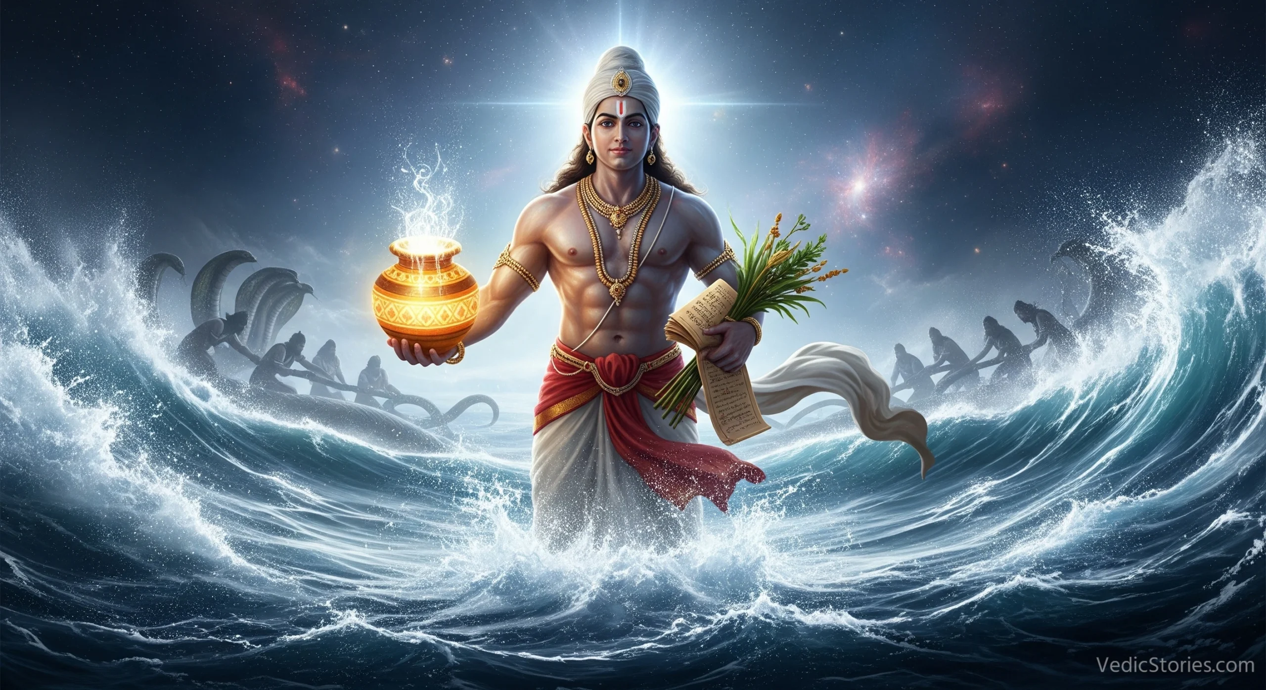 Lord Dhanvantari with Amrita during Samudra Manthan
