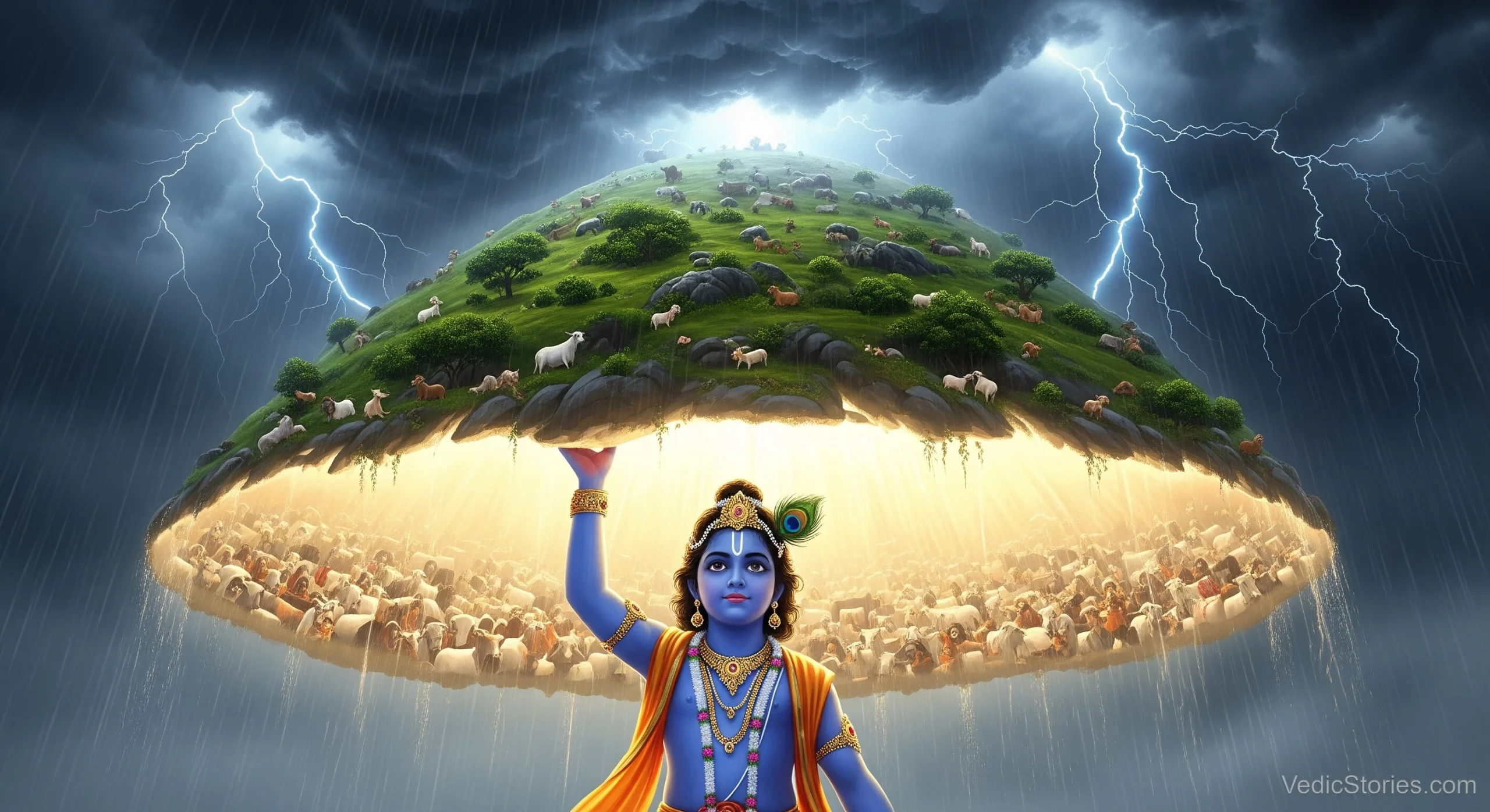 Lord Krishna lifts Govardhan Parvat, protecting from storm
