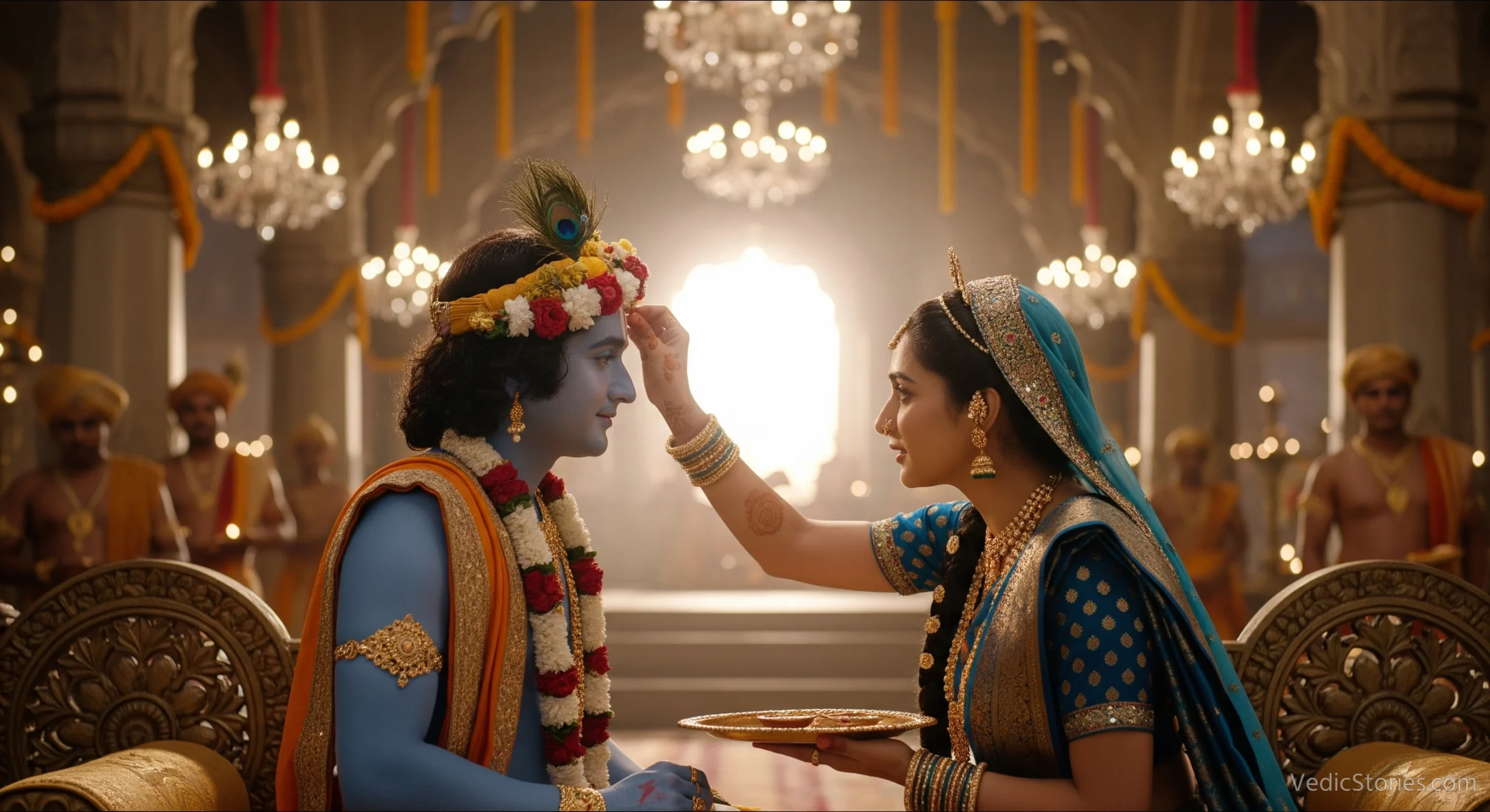Lord Krishna's sister Subhadra applying a tilak on his forehead in a grand palace