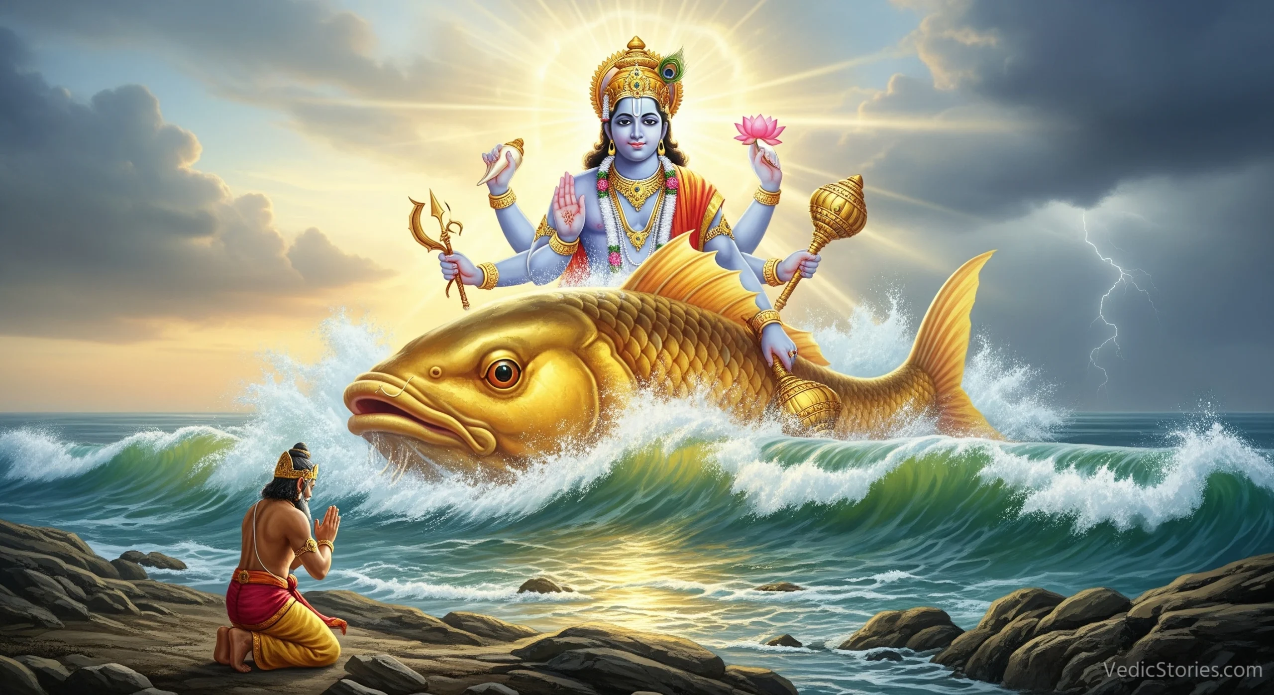 Matsya Avatar of Vishnu appearing to Manu